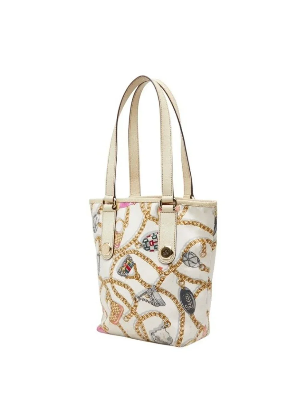 Gucci Logo Chain Motif Mini Tote White Multicolor Nylon Leather